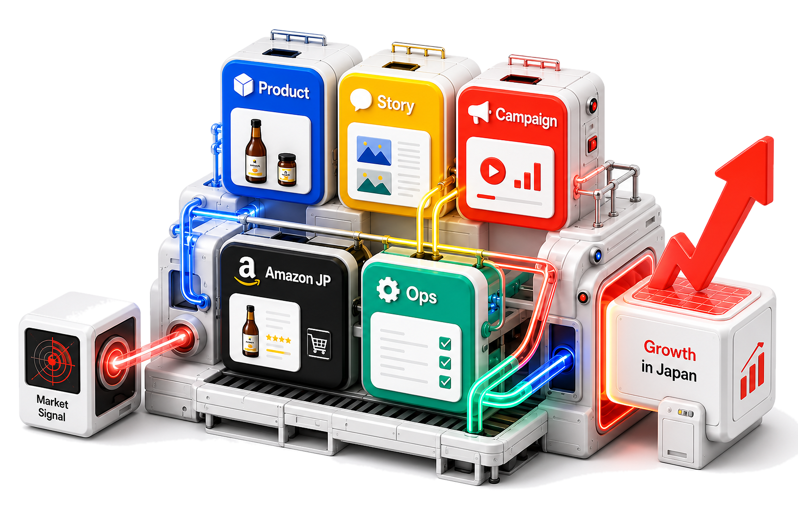 Japan launch machine with Product, Story, Campaign, Amazon JP, Ops, and Growth modules