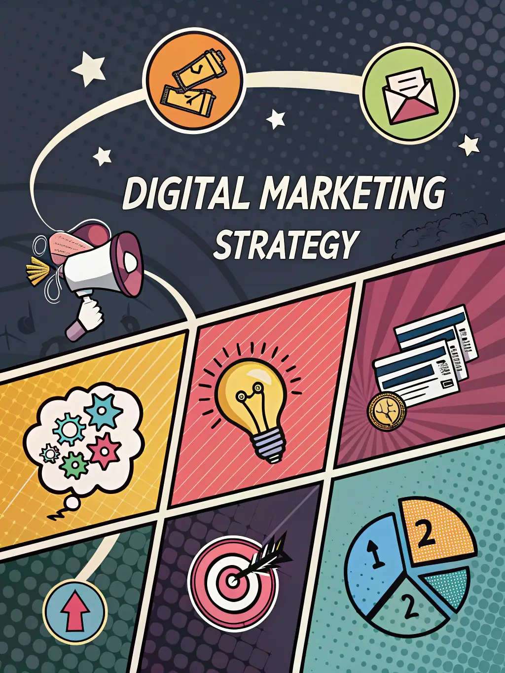 A visually appealing infographic illustrating the key steps involved in creating a comprehensive digital marketing strategy, including market research, target audience identification, and goal setting, used to showcase KETCHUPs Inc.'s strategic planning service.