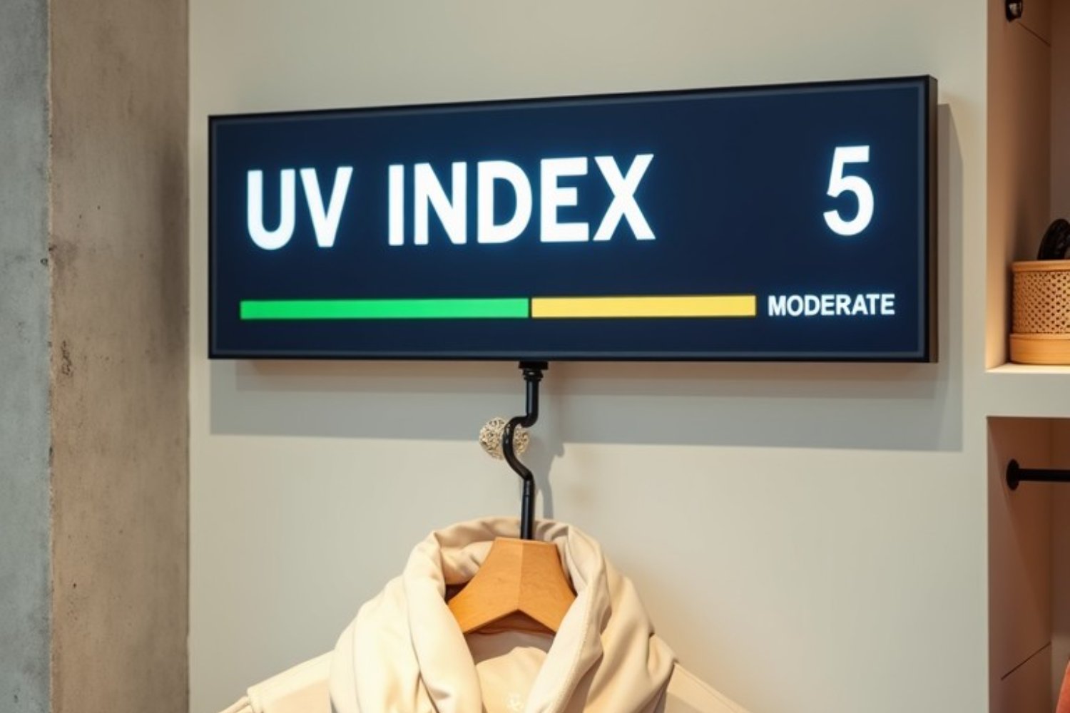 The display sits above the entrance, between the parka wall and the sunglasses table.