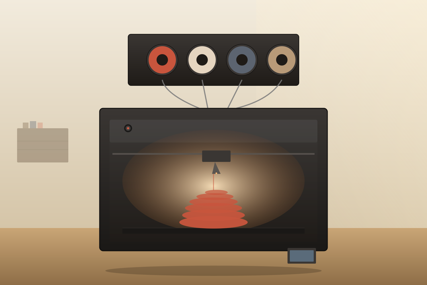 Editorial close-up illustration of an enclosed CoreXY 3D printer mid-print, with an AMS-style four-spool feeder mounted above.