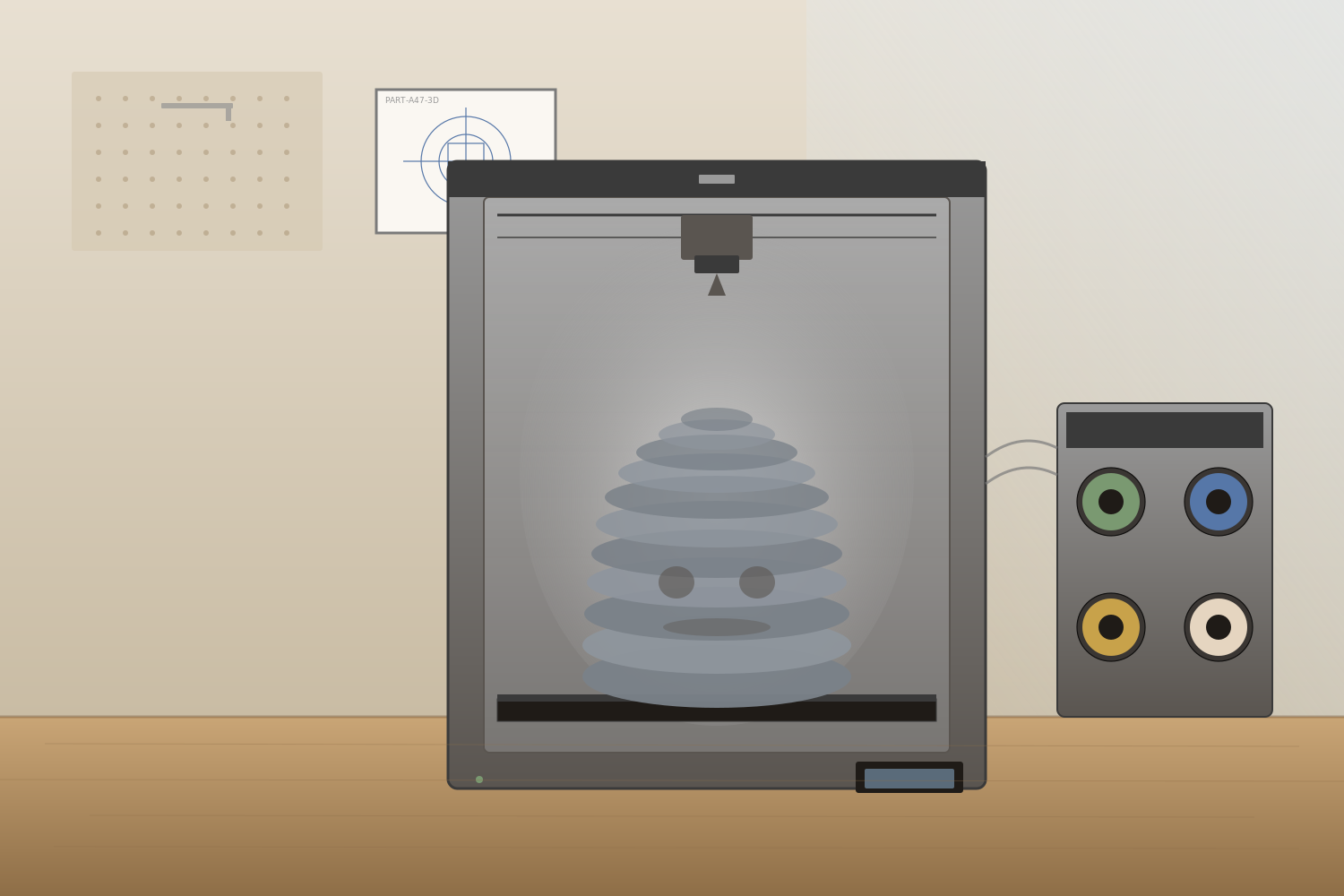 Editorial illustration of a tall CoreXY 3D printer printing a large gray engineering part, with a four-spool external filament feeder beside it.