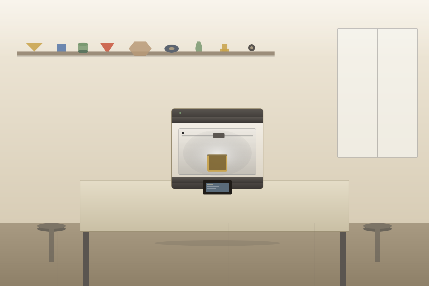 Editorial illustration of a small white-and-charcoal enclosed desktop 3D printer in a Japanese junior-high-school technology lab.