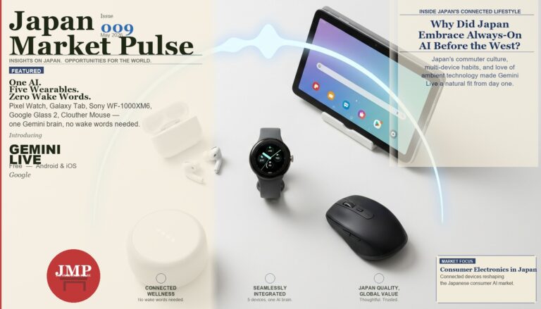 Flatlay of five wearable devices connected by Gemini Live AI