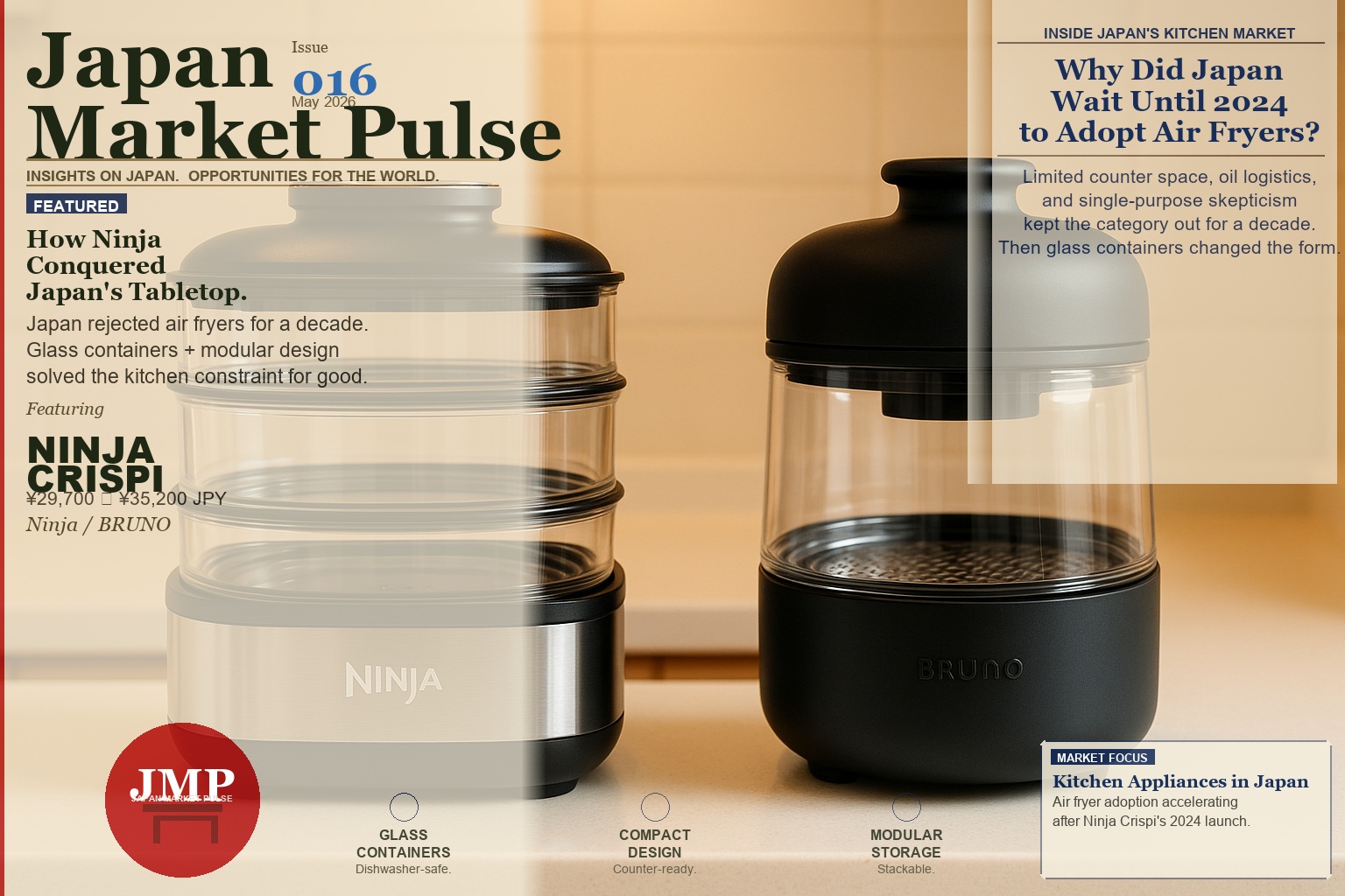 Ninja Crispi and BRUNO Glass Air Fryer on a modern Japanese kitchen counter — Japan Market Pulse Issue 016