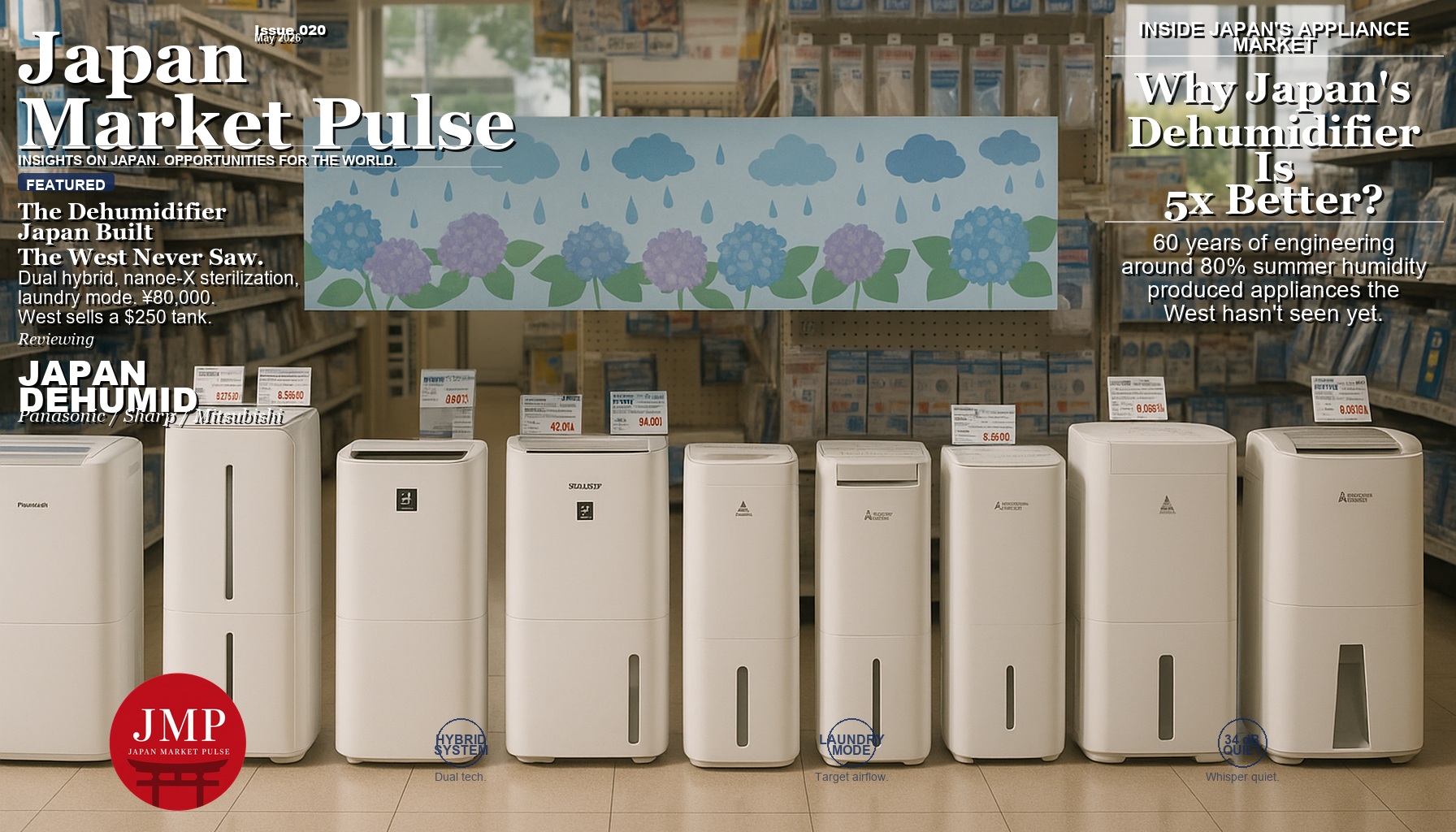 Wall of dehumidifiers in a Japanese electronics retail store, showing Panasonic, Sharp, and Mitsubishi models during rainy season.