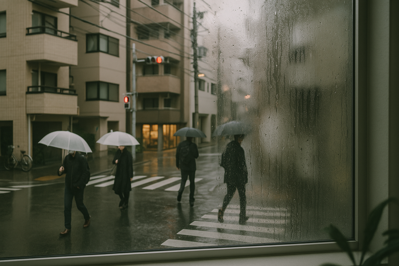 Rainy season in Tokyo — tsuyu — showing wet streets, umbrellas, and a condensation-covered apartment window.