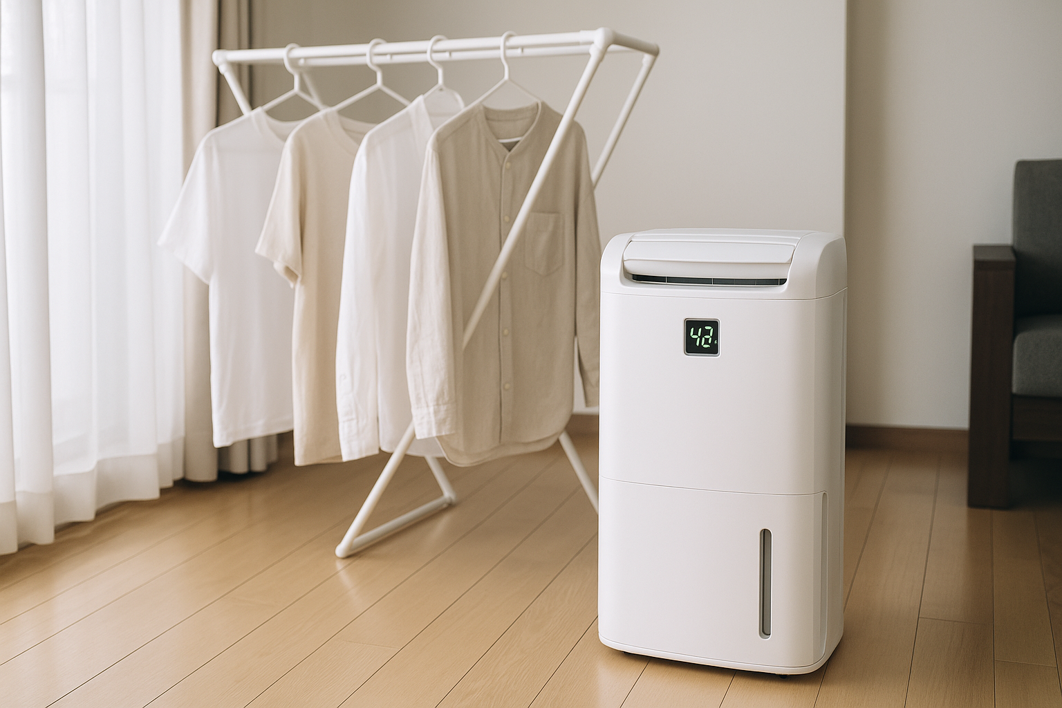 Japanese dehumidifier with digital humidity display and indoor laundry rack in a Tokyo apartment.