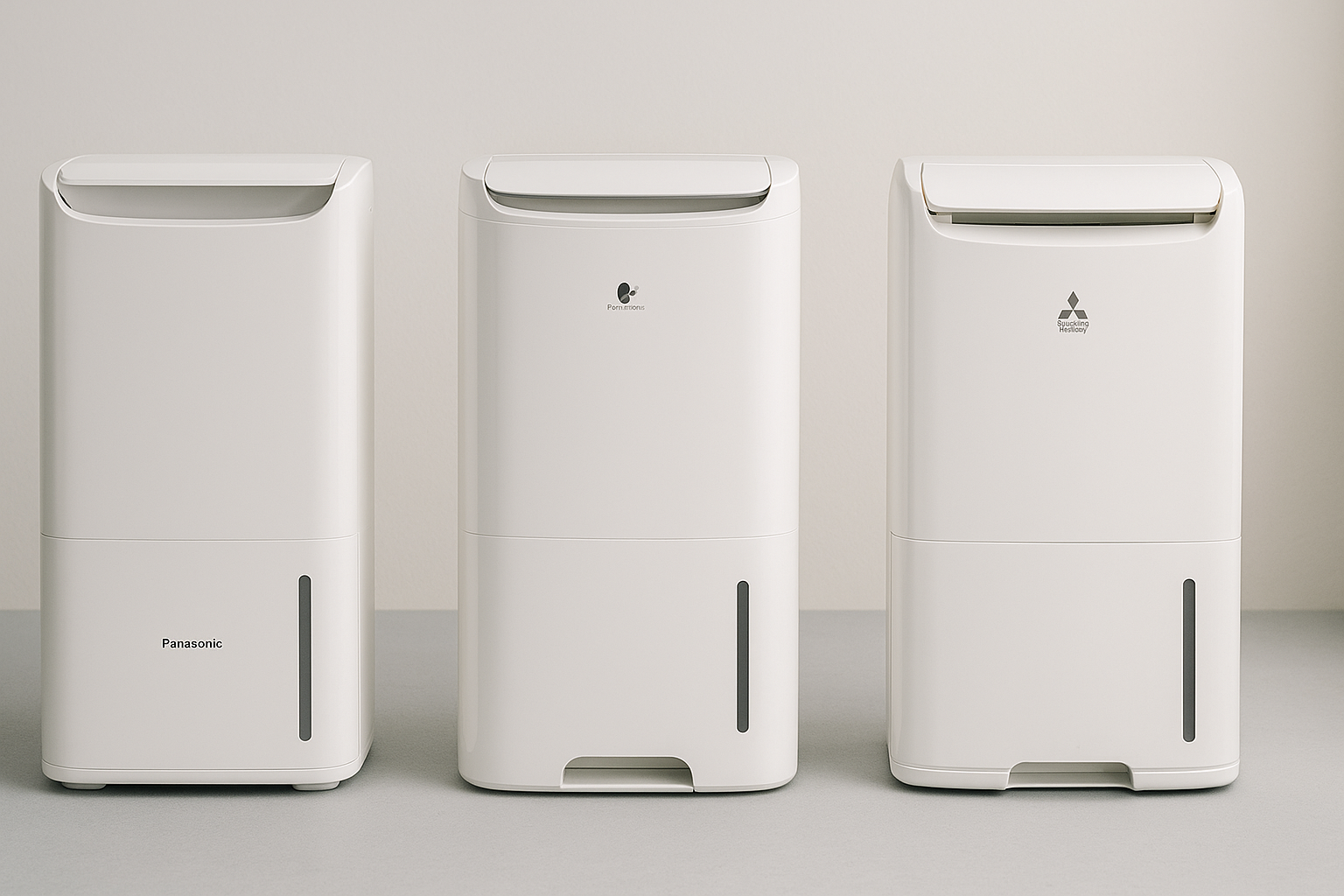 Three Japanese dehumidifiers from Panasonic, Sharp, and Mitsubishi shown side by side for comparison.