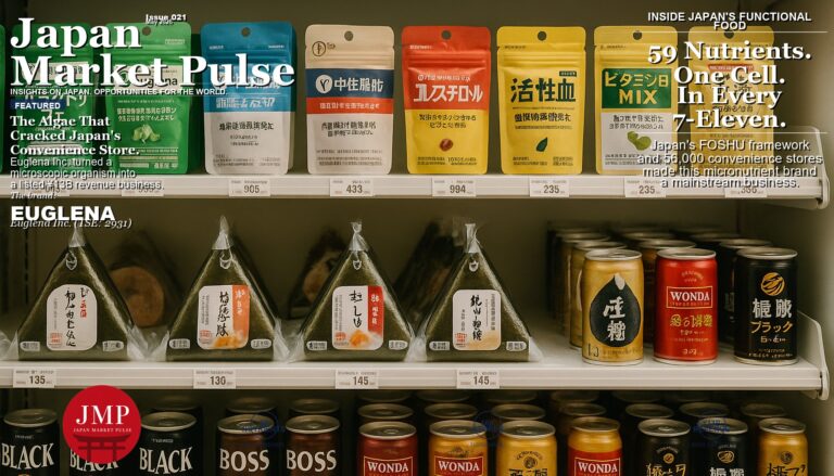 Japanese convenience store supplement shelf showing functional nutrition products including euglena-based supplements.