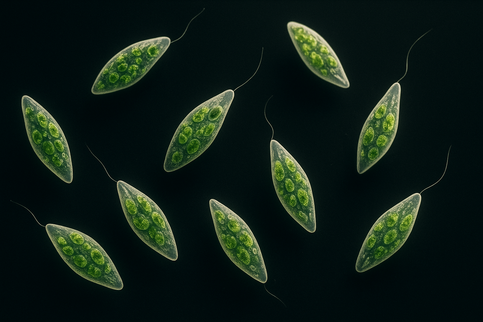 Euglena gracilis microorganisms under microscope, showing green chloroplasts and flagella.