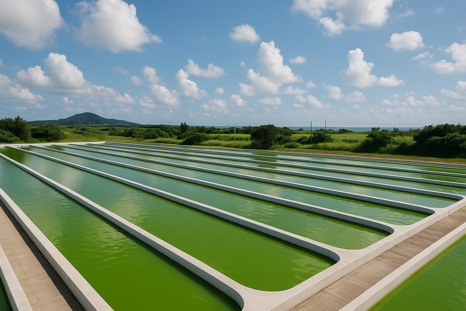 Euglena cultivation raceways in Okinawa, Japan — bright green open-pond cultivation under subtropical sky.
