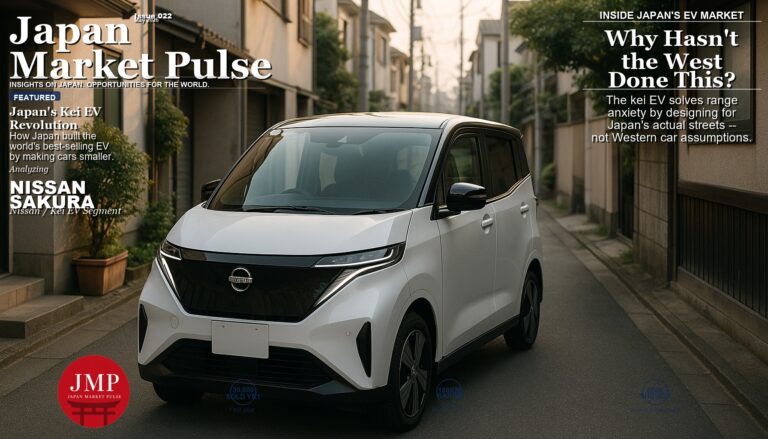 A white kei electric vehicle on a narrow residential street in Japan, early morning