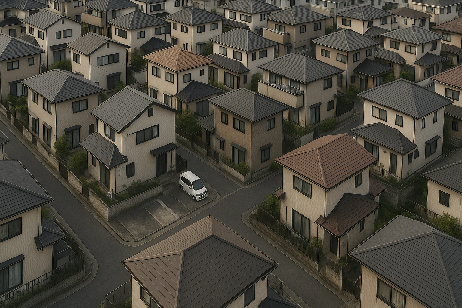 Aerial view of dense Japanese suburban neighborhood with narrow streets