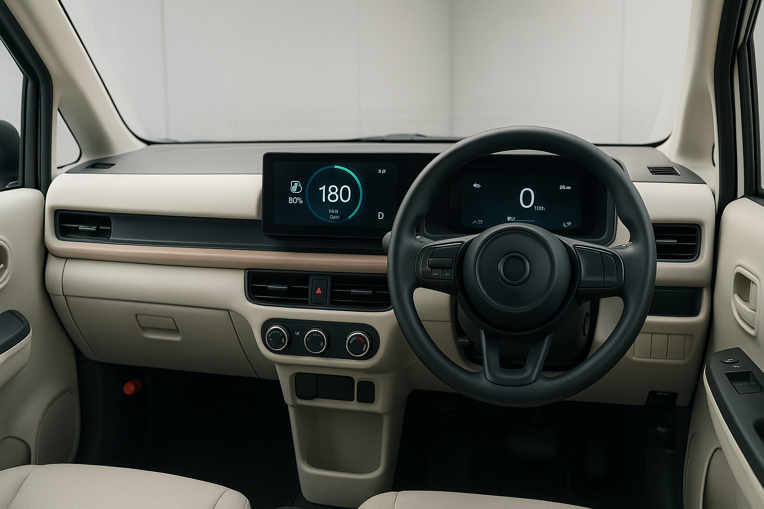 Interior of a compact electric vehicle showing digital dashboard with battery level and range