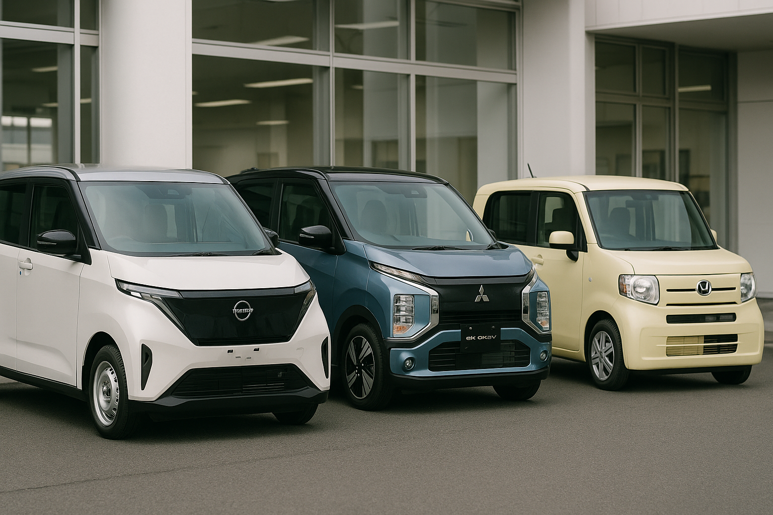 Three compact electric kei vehicles parked in a row at a Japanese dealership