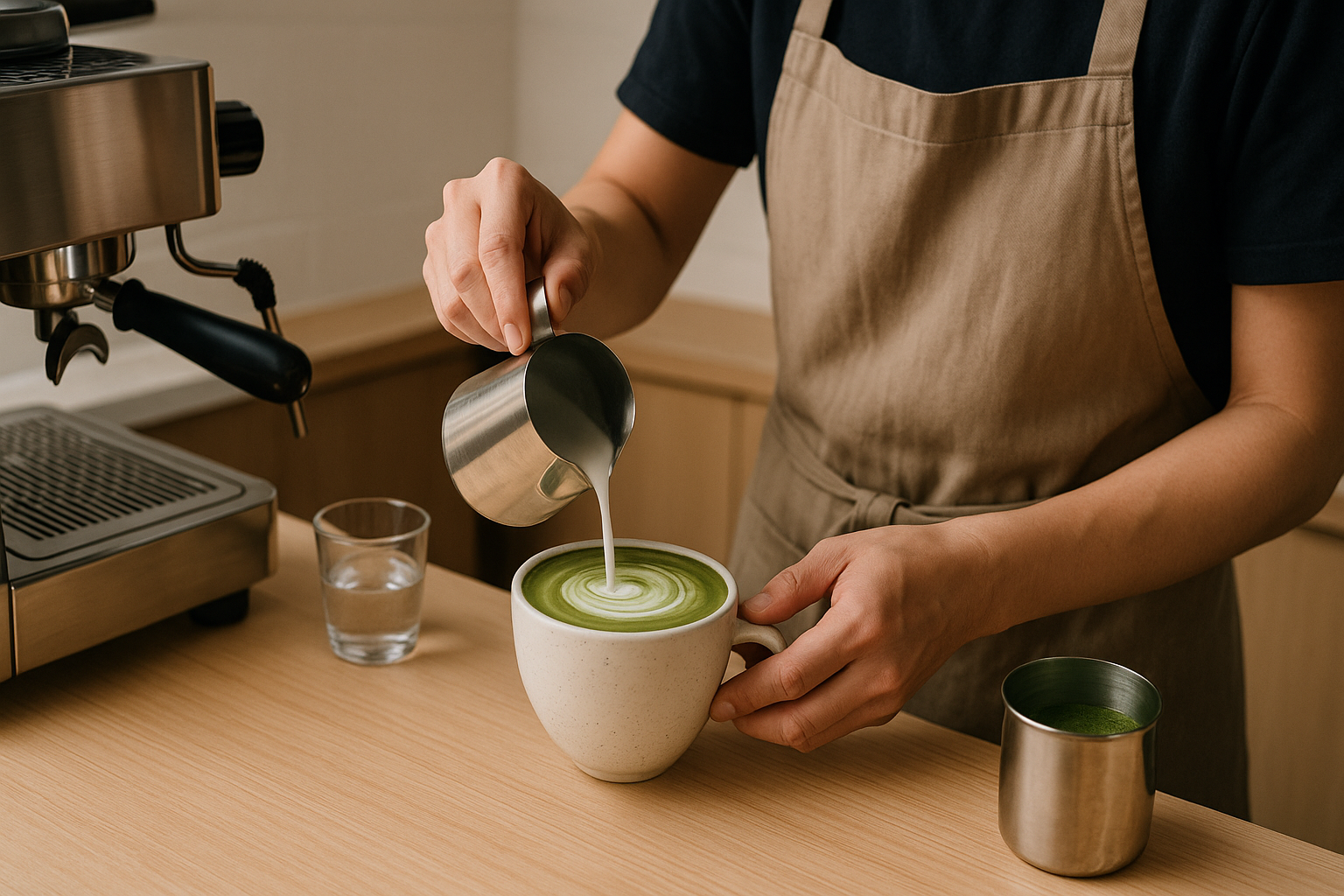 Barista hands preparing a matcha latte at a compact Japanese specialty coffee counter