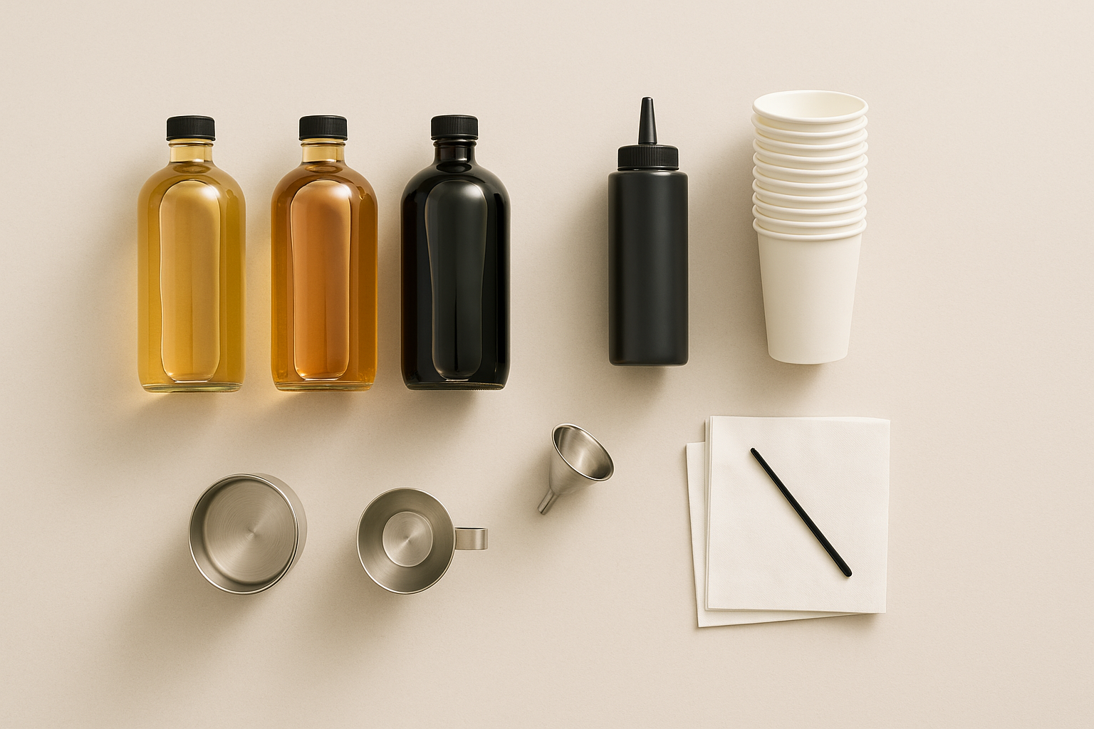 Overhead flat lay of centrally produced coffee syrups, cold brew concentrate, and standardized supplies