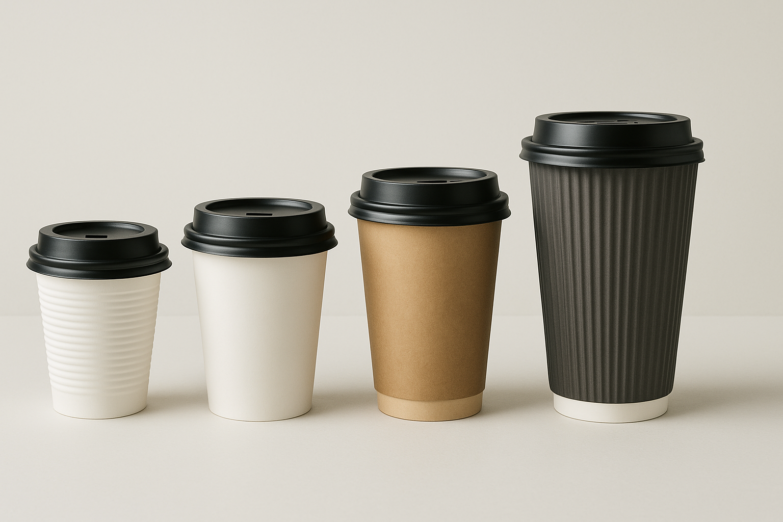 Row of takeout coffee cups representing different market tiers from convenience to premium specialty