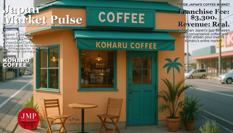 Small specialty coffee shop with tropical color palette on a Japanese suburban commercial strip