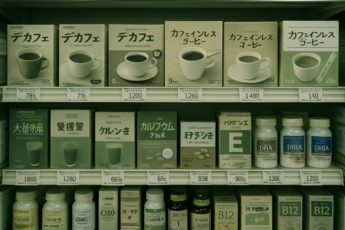 Decaf coffee products on a Japanese pharmacy shelf