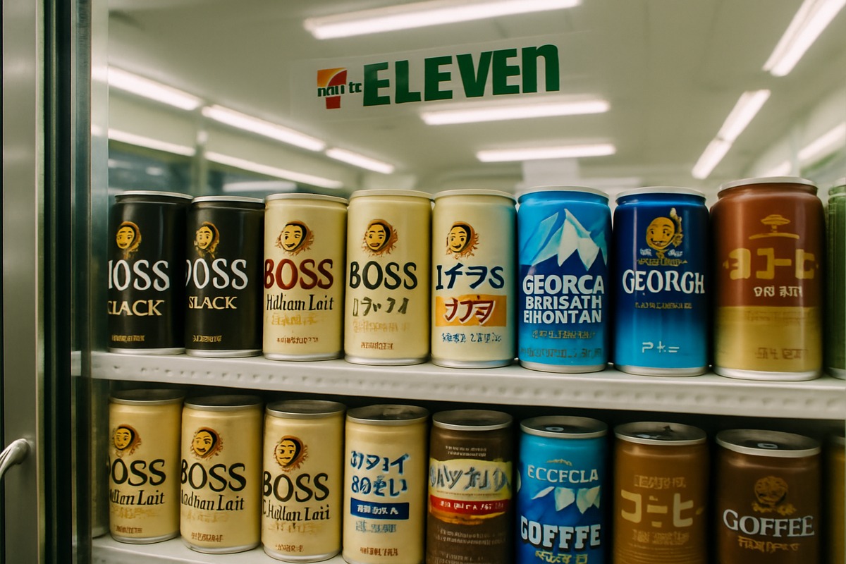 Decaf canned coffee on a 7-Eleven Japan refrigerated shelf