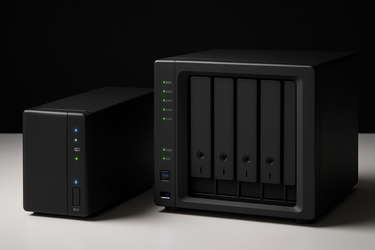 Three NAS devices representing the hardware options for private AI servers: ASUSTOR, Synology, and QNAP