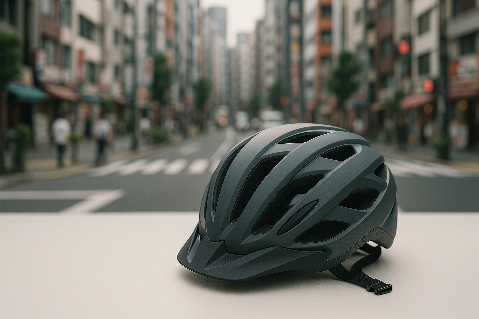 A modern cycling helmet on a white surface with a blurred Tokyo street visible in the background