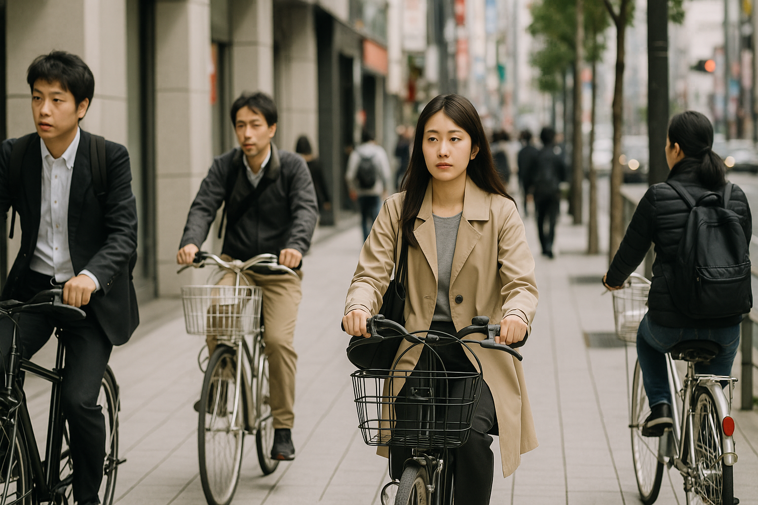 Tokyo commuters cycling along a busy sidewalk in both directions, a typical scene of Japan's dense urban cycling culture