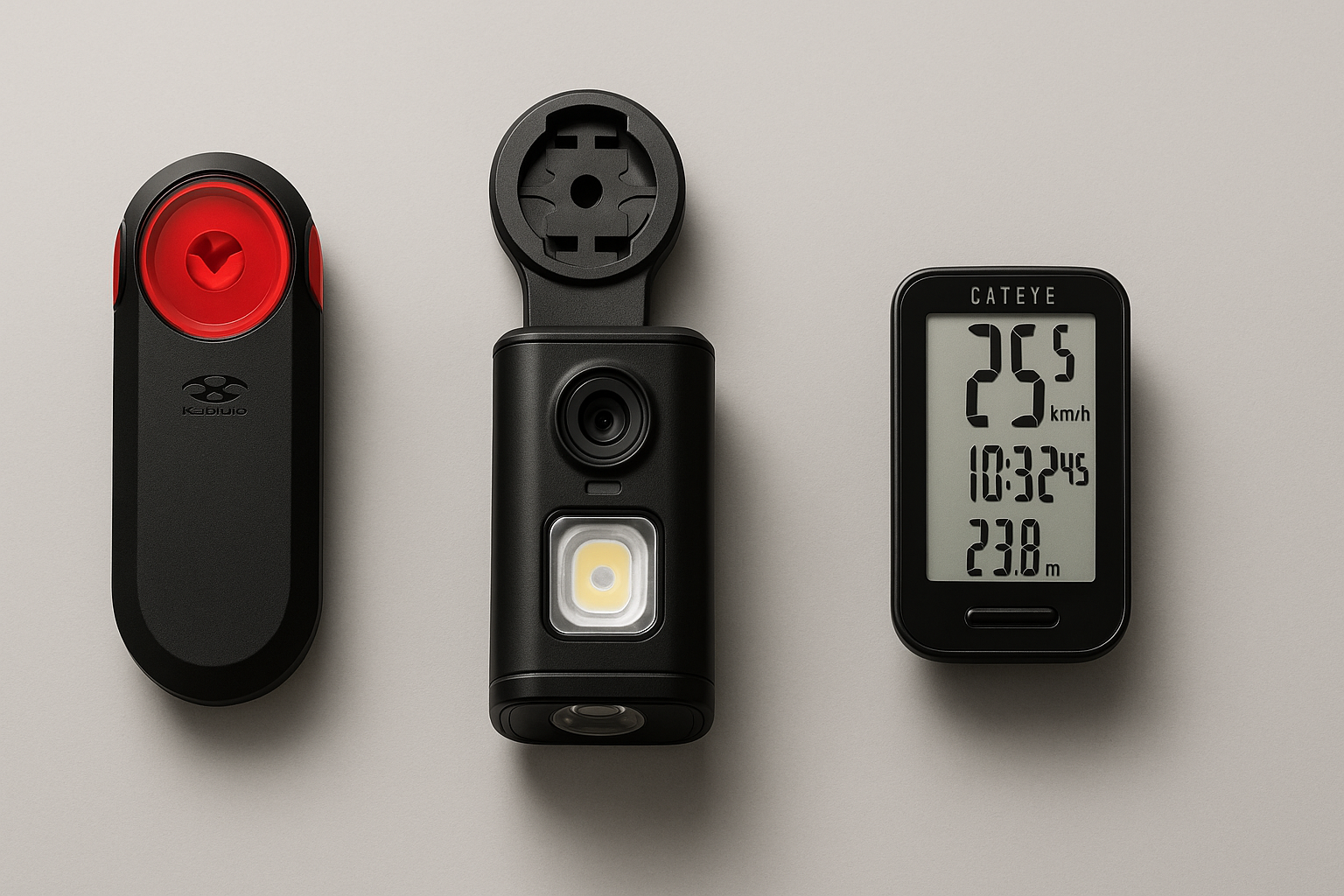 Cycling safety tech products arranged in a flat-lay — a rear radar unit, handlebar camera-light combo, and cycling computer