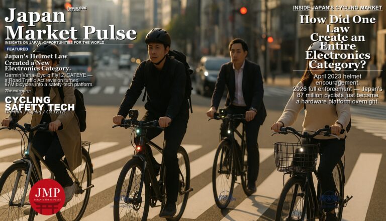 Tokyo cyclists crossing a busy intersection in morning light, many equipped with handlebar-mounted cameras and safety lights