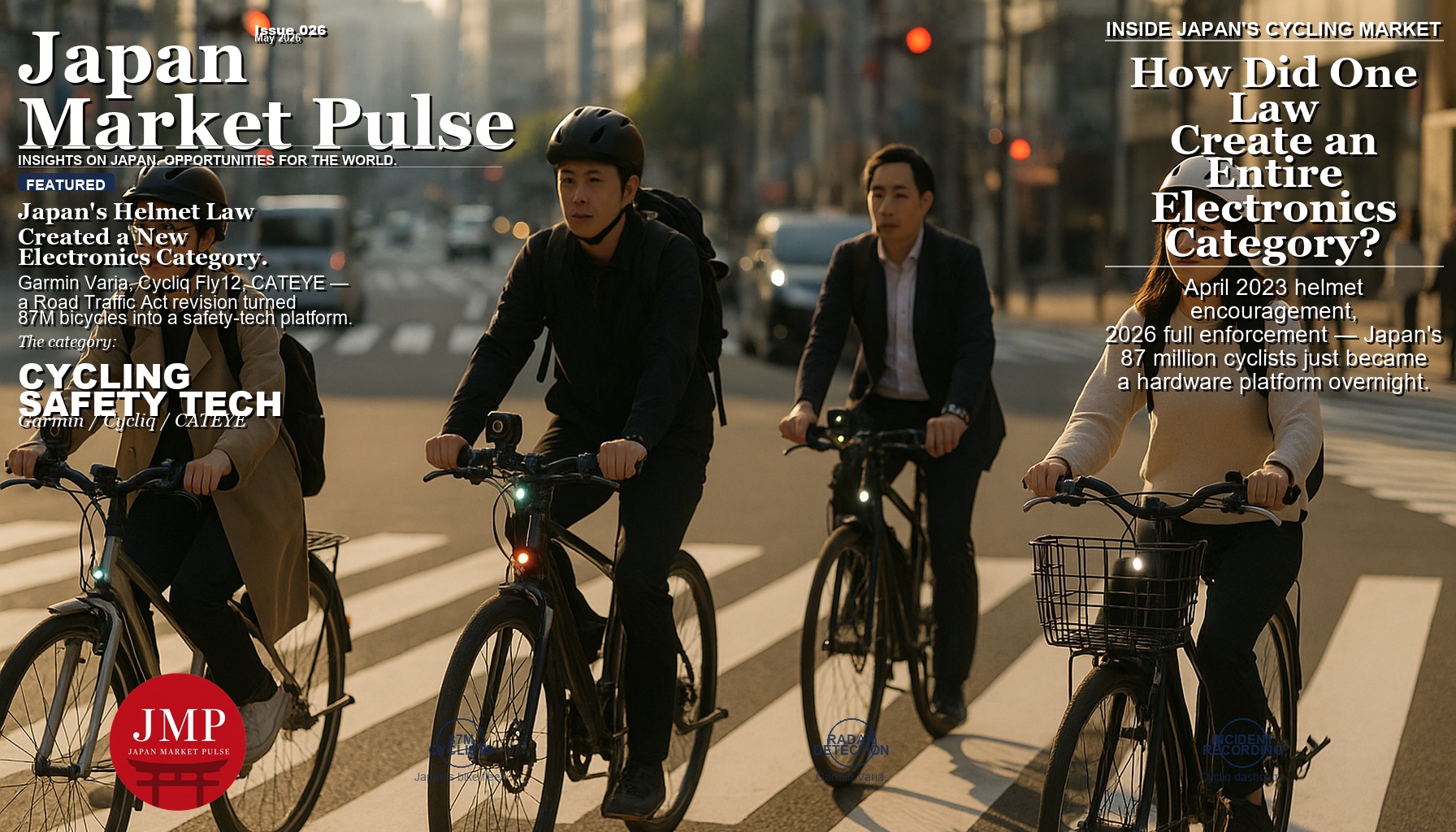 Tokyo cyclists crossing a busy intersection in morning light, many equipped with handlebar-mounted cameras and safety lights