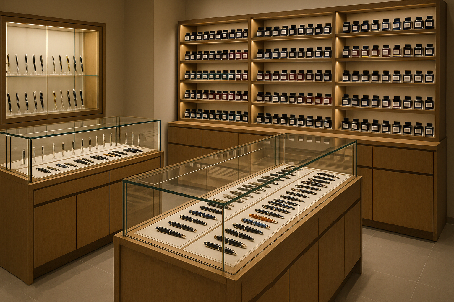 Interior of a premium Japanese stationery store with illuminated display cases showing fountain pens and shelves of colorful ink bottles