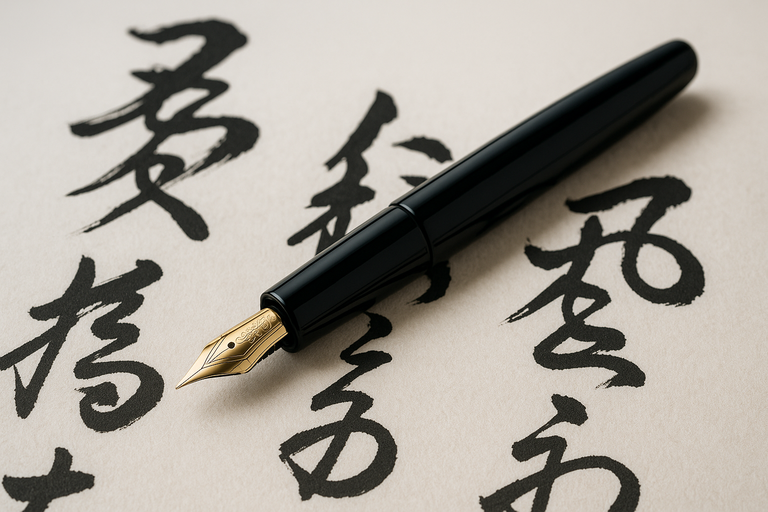 A premium fountain pen with deep black urushi lacquer body and gold nib resting on washi paper with calligraphy ink strokes