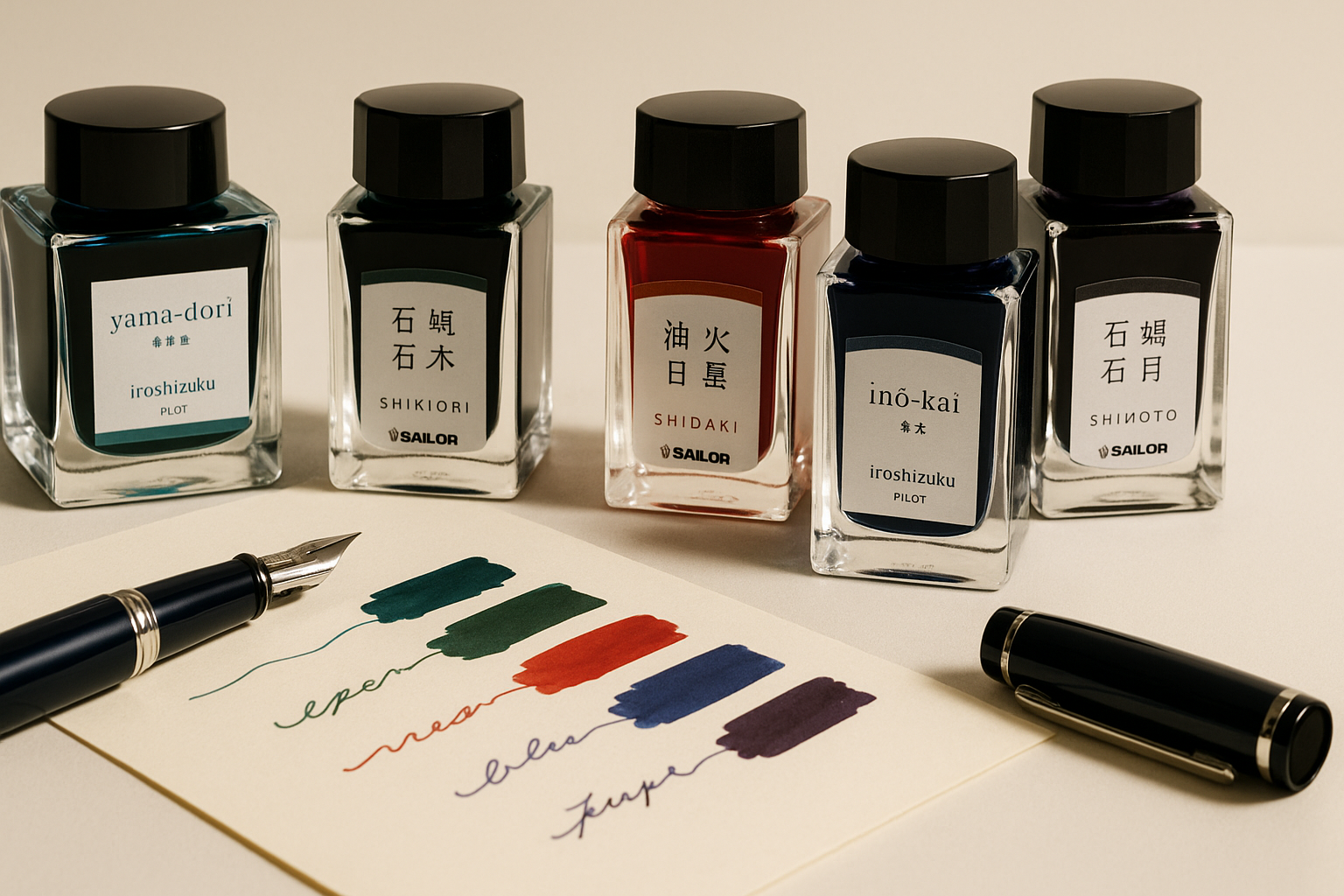 Five premium Japanese fountain pen ink bottles in jewel tones arranged with an open fountain pen and handwritten color swatches on cream paper