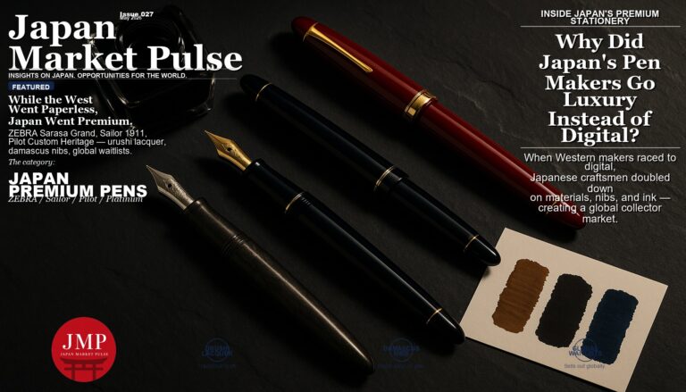 Three premium Japanese fountain pens arranged on a dark slate surface alongside a glass ink bottle and handwritten ink swatches on cream paper