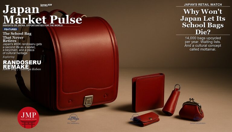 Red randoseru school bag with leather accessories on a studio surface