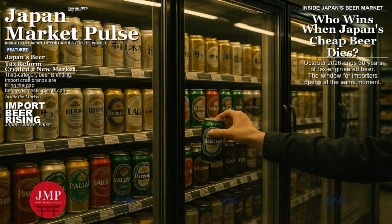 Tokyo convenience store refrigerated beer aisle showing domestic and imported beer cans