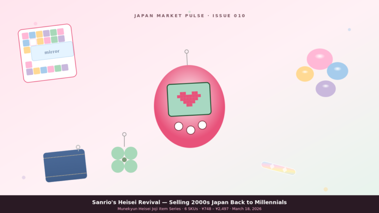 Sanrio's Heisei Revival hero — flatlay of Heisei-era Japanese girlhood objects: tile-sticker compact, faux-glass-gem stickers, denim pouch, pixel-art mini-game charm, clover charm, hologram hairclip