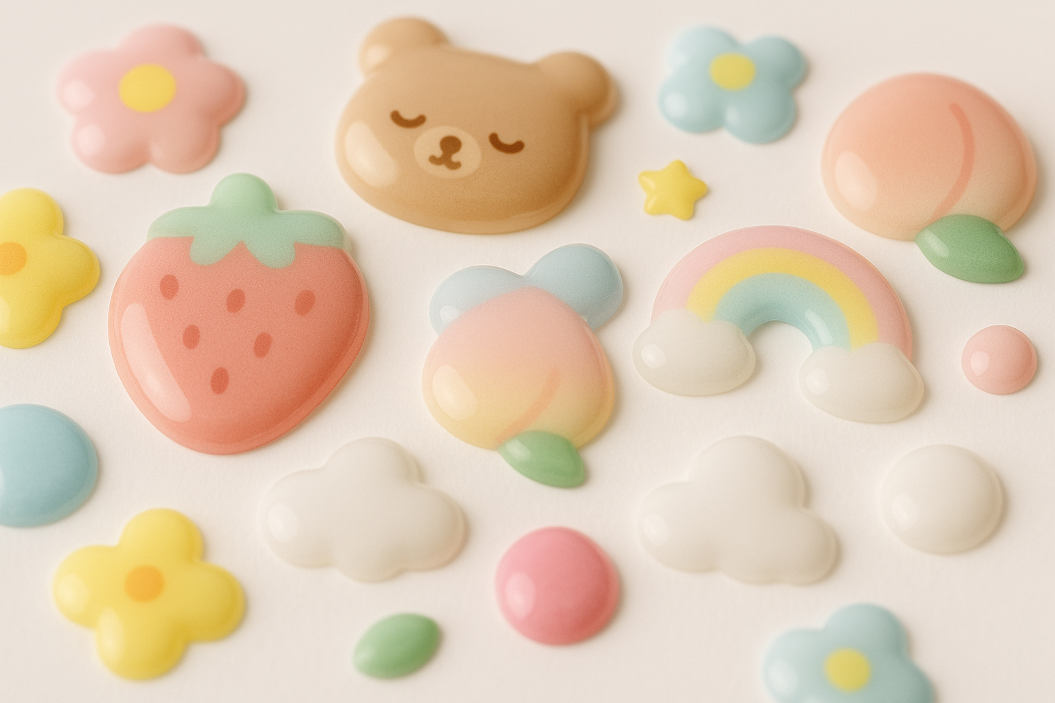 Macro close-up of puffy 3D resin-dome Japanese stickers showing dome shape and pastel motifs.