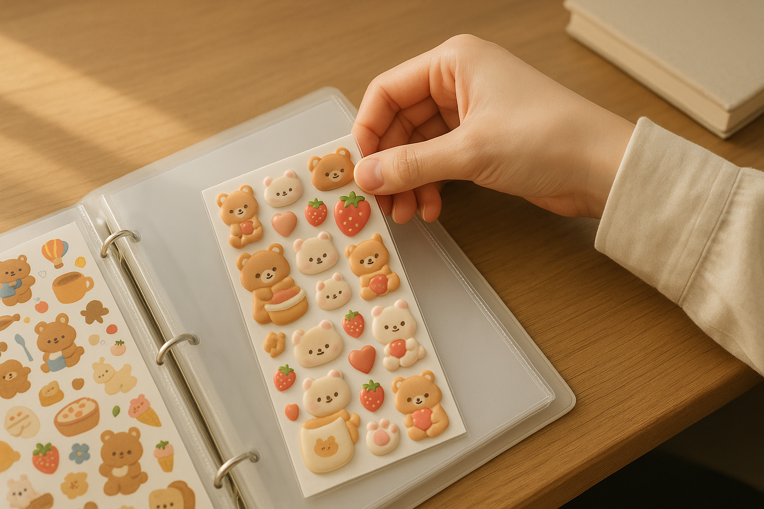 Hand placing puffy Japanese stickers into a transparent-pocket album on a wooden desk in soft morning light.