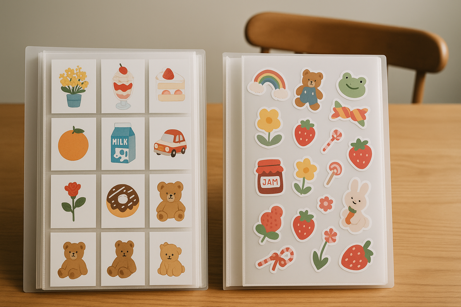 Two transparent-pocket sticker binders side by side on a wooden table, one organized and one playfully arranged.