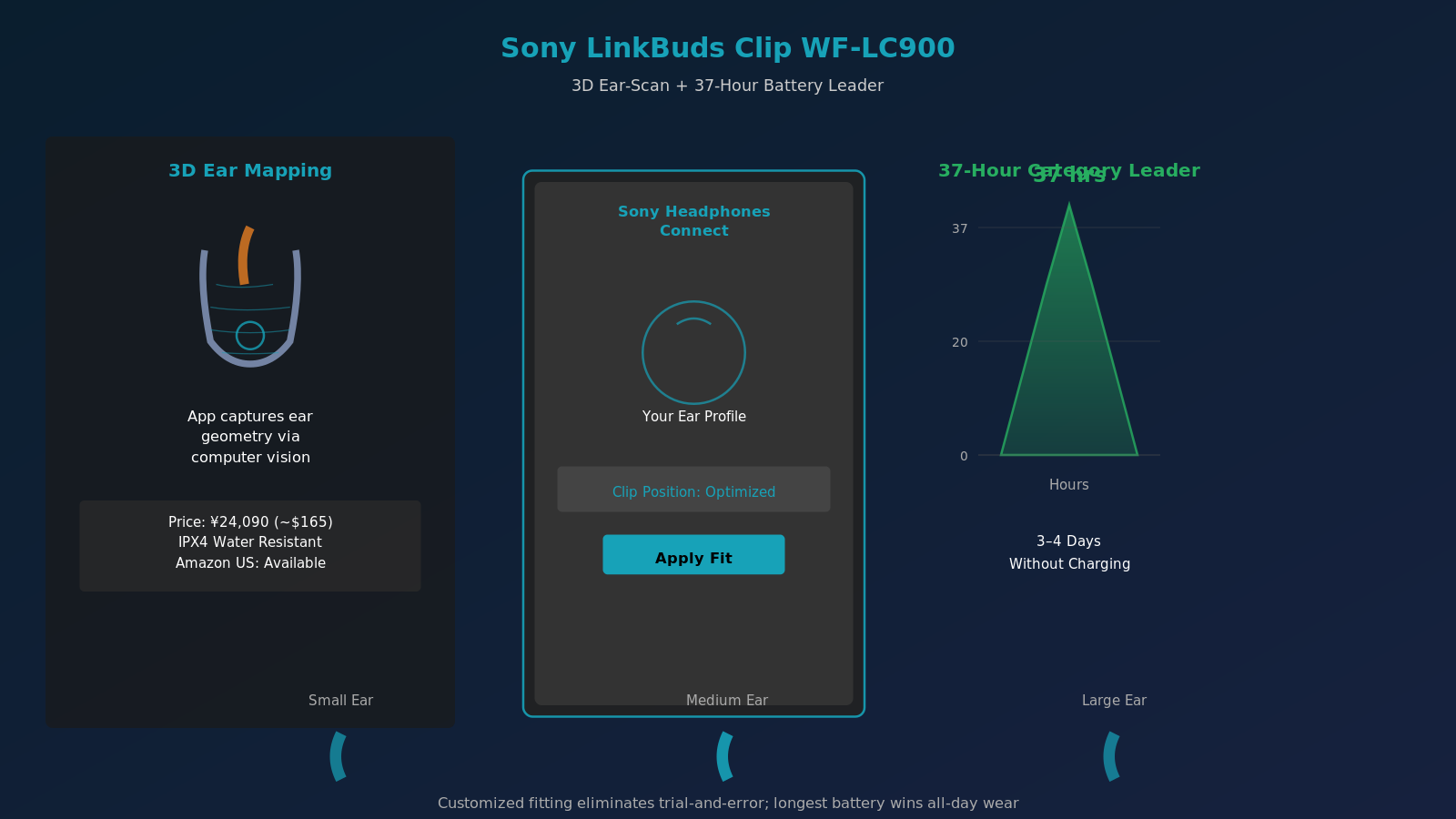 Three-panel composition: ear with 3D scan grid, Sony Headphones Connect app mockup, battery-life mountain chart (37 hours category leader). Sony LinkBuds Clip in three clip positions.