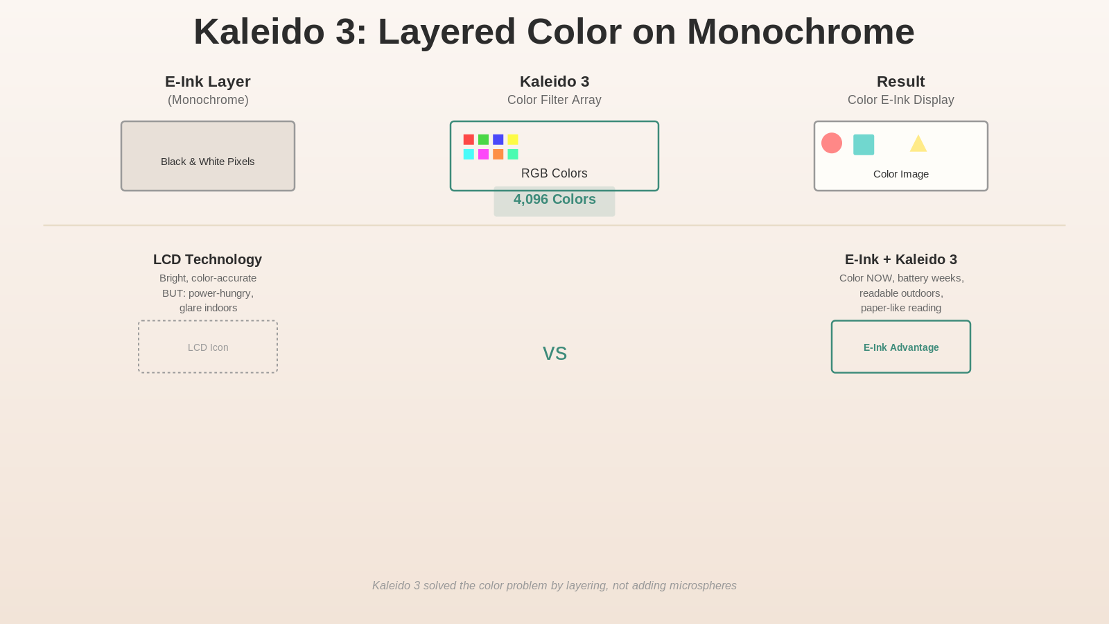 Kaleido 3 technology diagram: three-layer stack (E-Ink base + RGB color filter array + composite result) with comparison callouts for LCD vs E-Ink color.