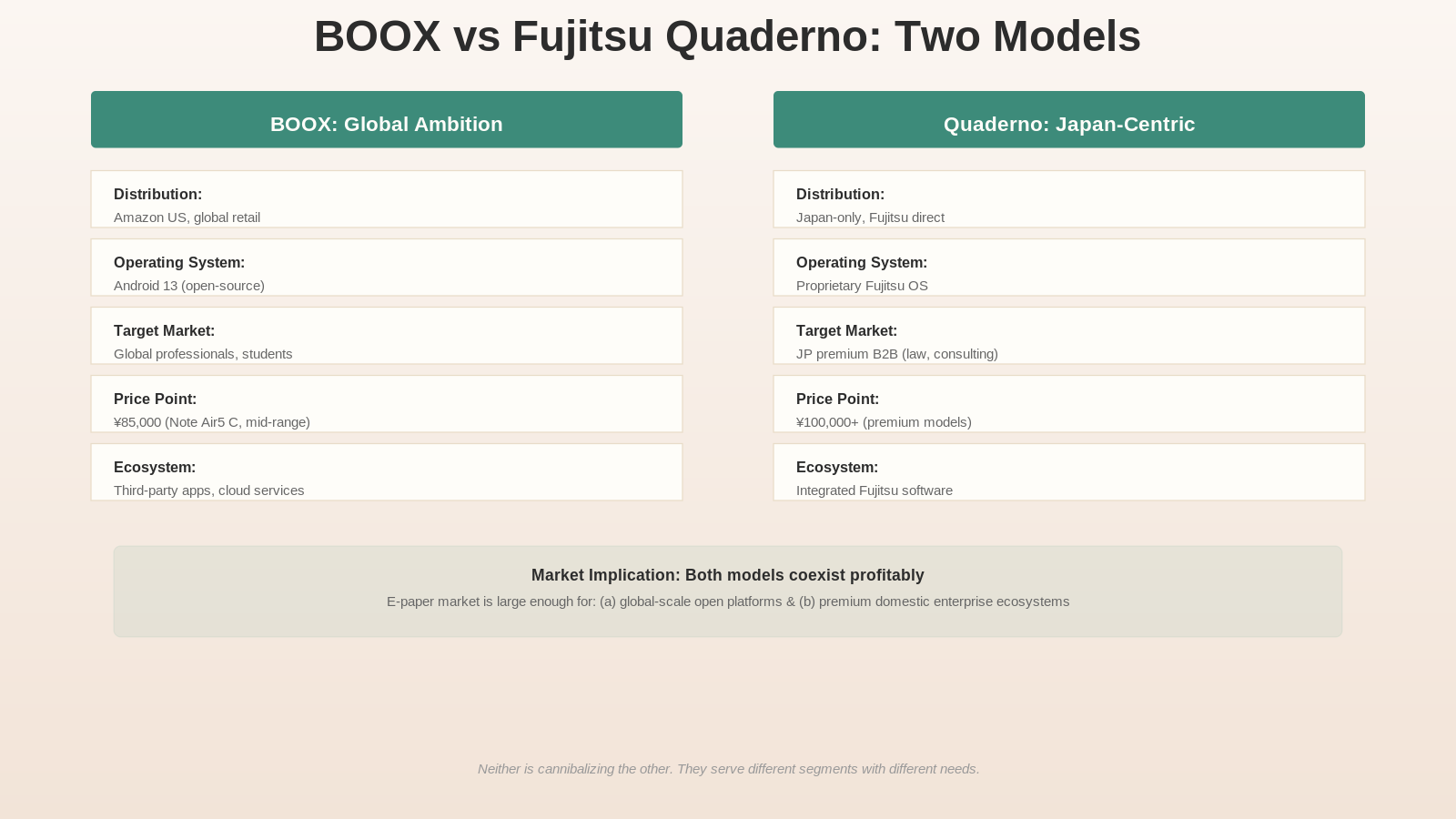 Comparison matrix: BOOX vs Fujitsu Quaderno across Distribution, OS, Target Market, Price, Ecosystem.