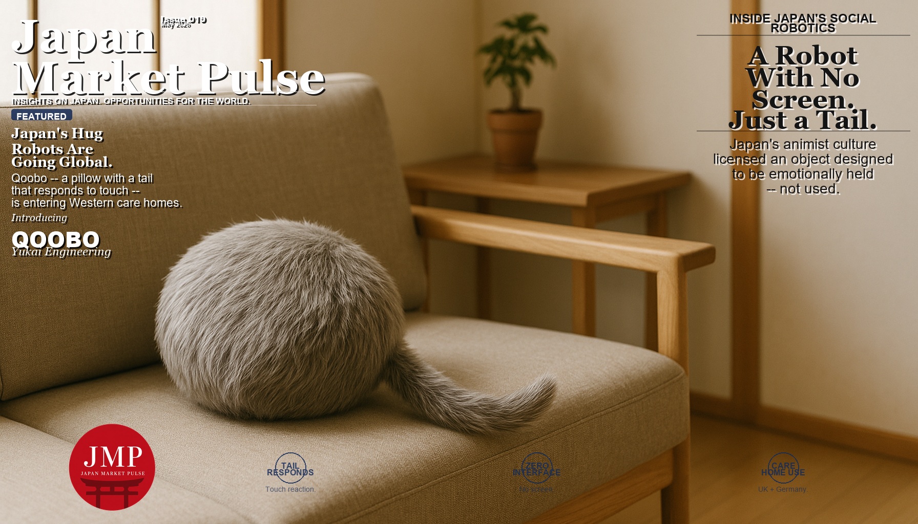 Qoobo companion robot cushion with gently curled tail on minimalist Nordic sofa