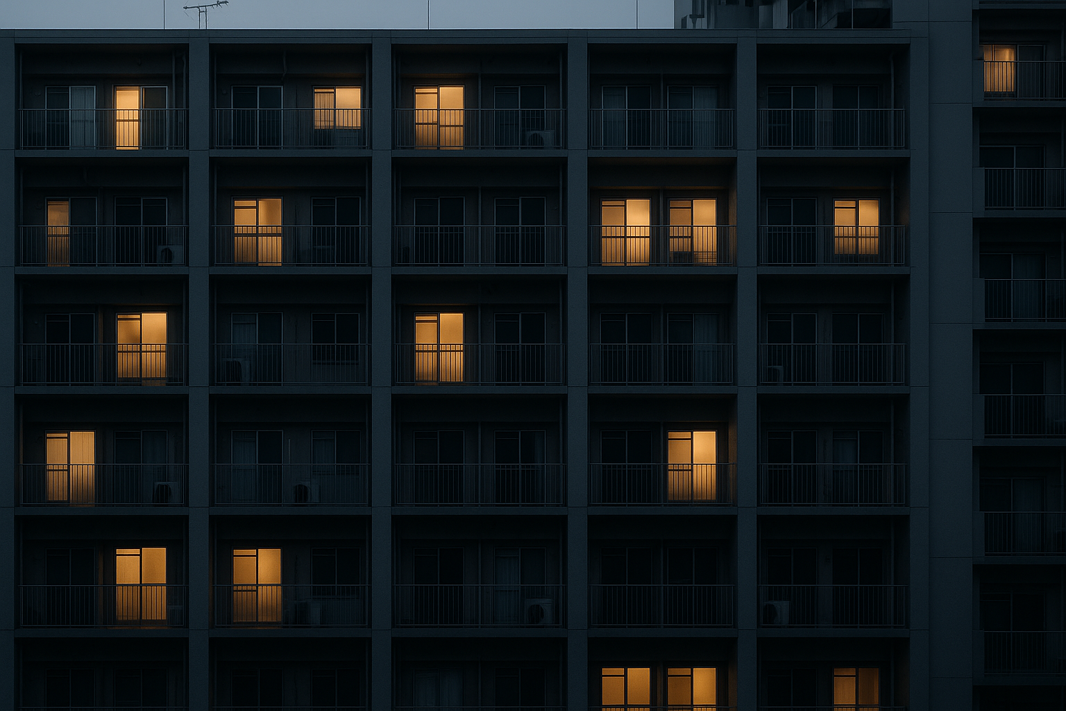 Dense Japanese urban apartment building at dusk with lit windows