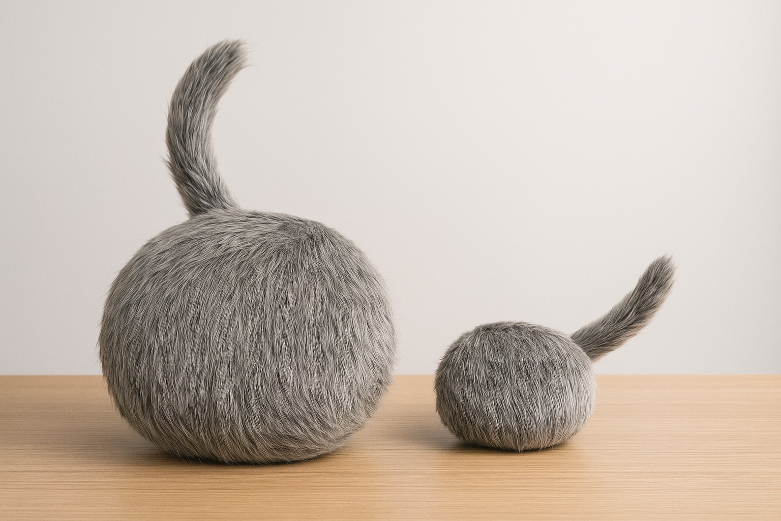 Qoobo and Petit Qoobo companion robots side by side on wooden surface