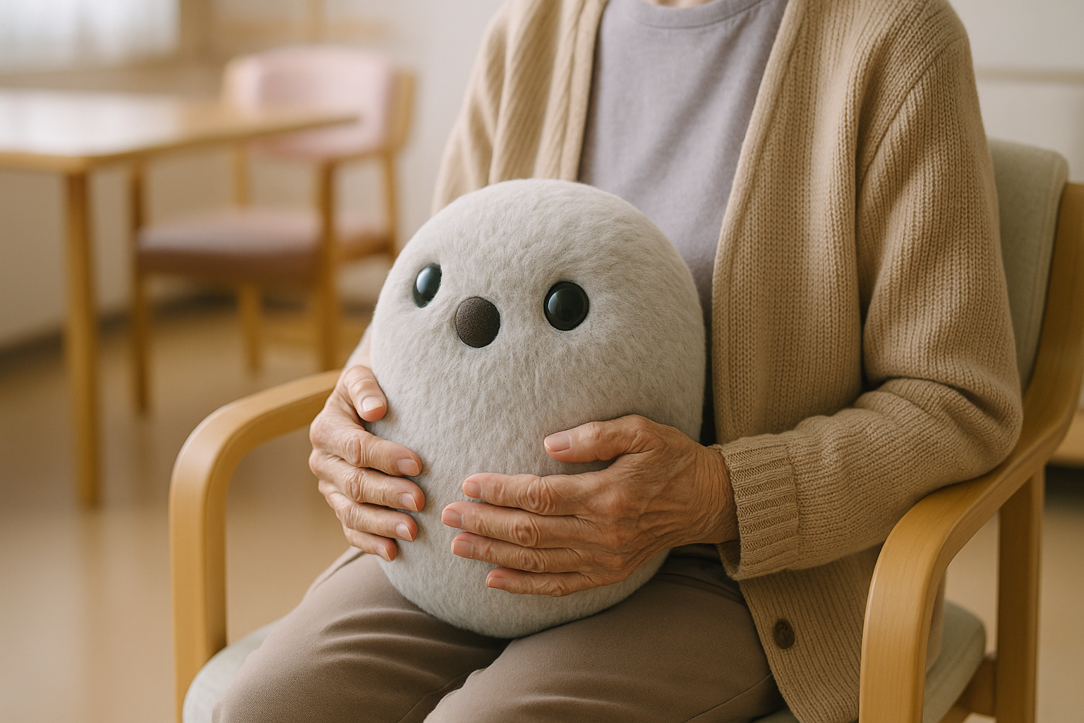 Elderly person's hands holding soft companion robot in care home setting