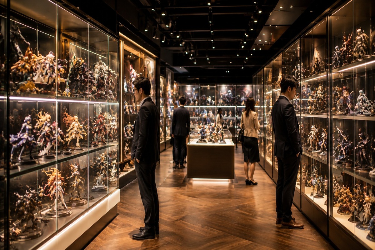 Japanese specialty toy and collector store floor with adult shoppers browsing figure displays