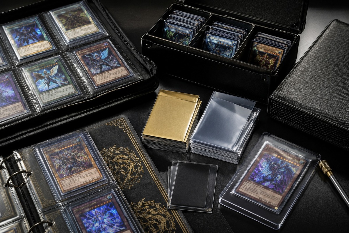 Premium Japanese trading card collection arranged in sleeves and binders on a clean surface